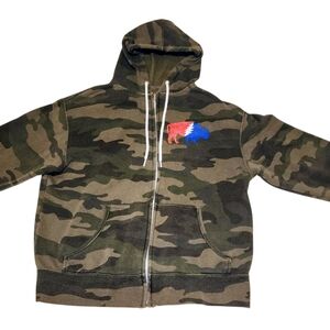 Camouflage Zip-Up Hoodie with Bear Patch